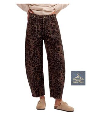 Barrel Jeans High Rise Frayed Hem Cheetah Print Stretch Denim Pants